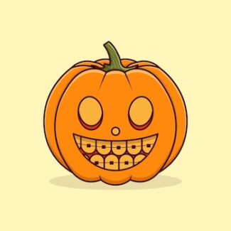 Illustration of a pumpkin with a smiling face and braces on its teeth